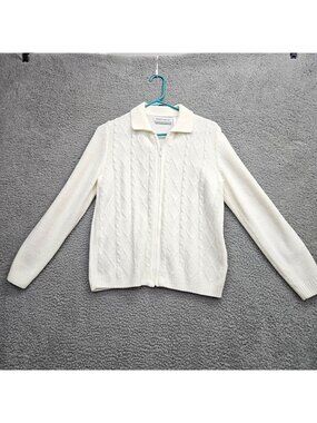 Alfred Dunner Petite Womens White Cable Knit Zip-Up Cardigan Sweater Size PL